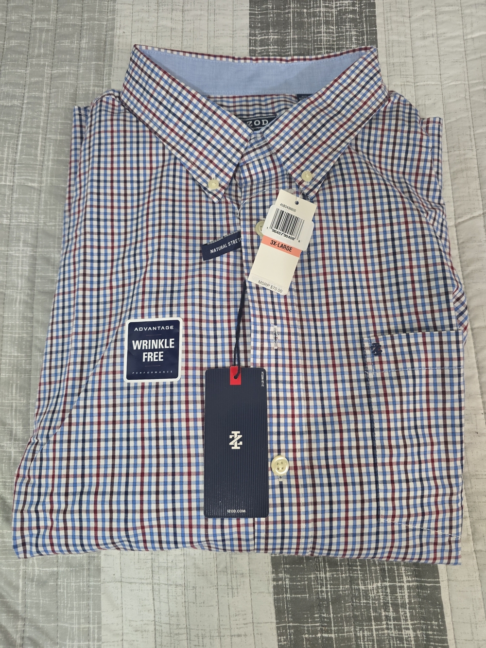IZOD Men's Blue and Red Plaid Button-Down Shirt - Wrinkle Free Sz 3XL